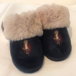 NWT Polo Ralph Lauren Navy Slippers with Fur Trim and Bear Embroidery